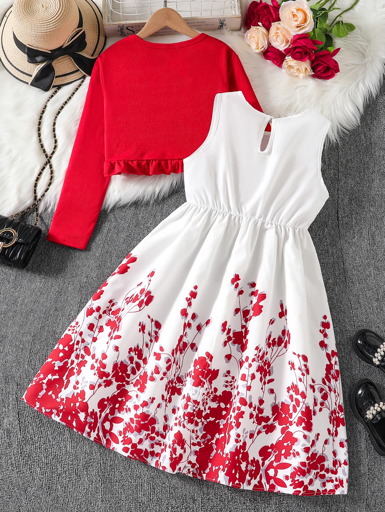 Autumn New Girls' Knitted Cardigan Small Shawl Coat + Printed Vest Dress, Girls' Beach Skirt Set