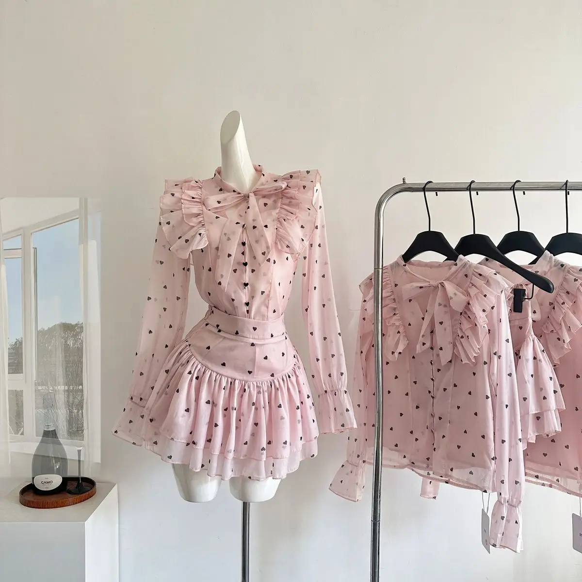 

Pink French polka dot set top+skirt