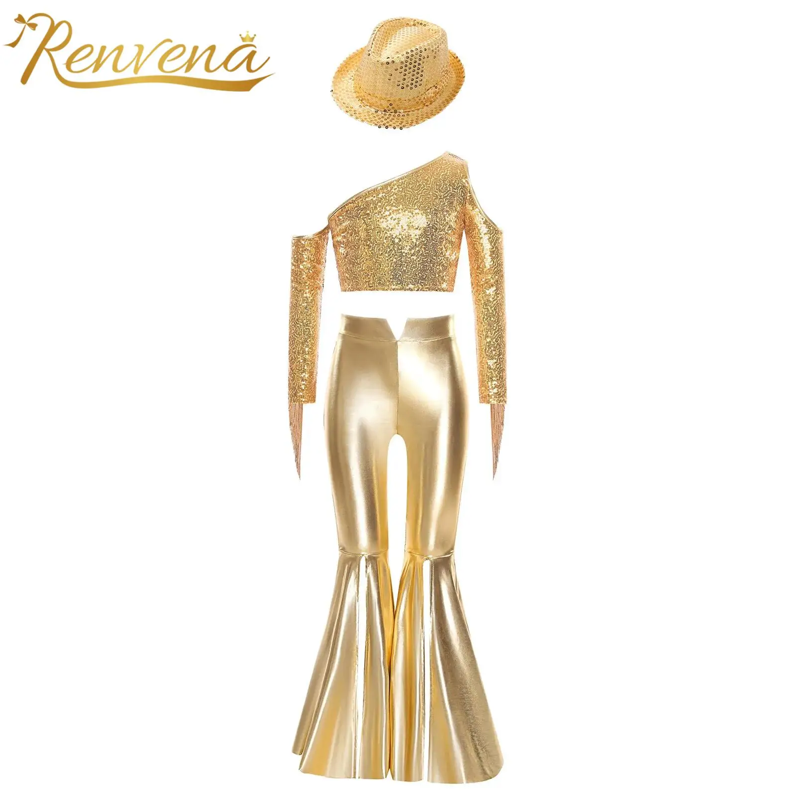 Kids Metallic 70S Disco Outfits for Girl Vintage Hippie CostumeOne Sleeve Sequins Jazz Dancewear Crop Top + Bell Bottom Pants