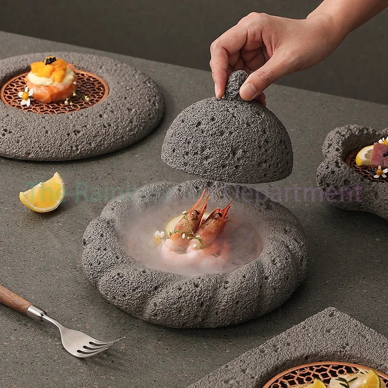 Household Roast Meteorite Bowl, Volcanic Ball Position on the Round Plate, Smoked Ash Cup, Moon Dry Ice Tableware, New