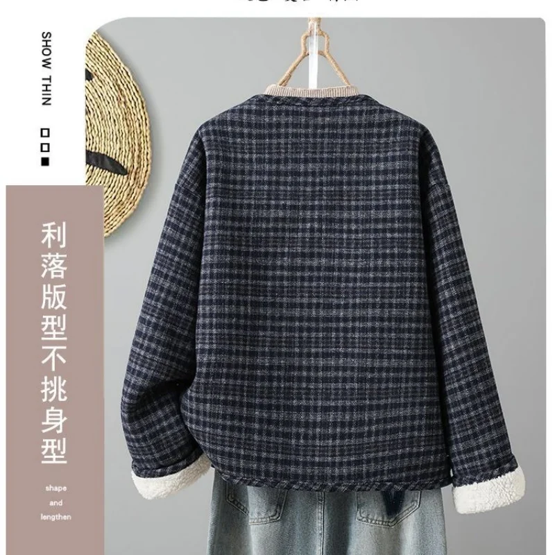 Women's Vintage Plaid Fleece Jacket - Thickened Warm Cotton Coat for Winter, Casual Overshirt with Soft Lining J064