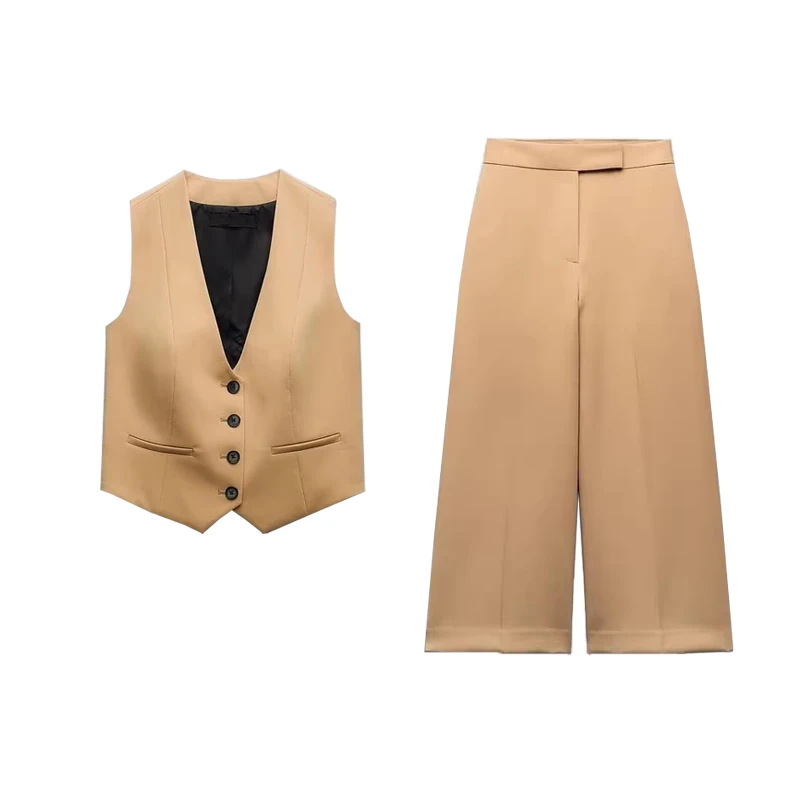 

Spring New Faion Commute Svel V-ne ort Vest High Waist Wide Leg Pants Women's Set Polyester Long Sve Flip Collar