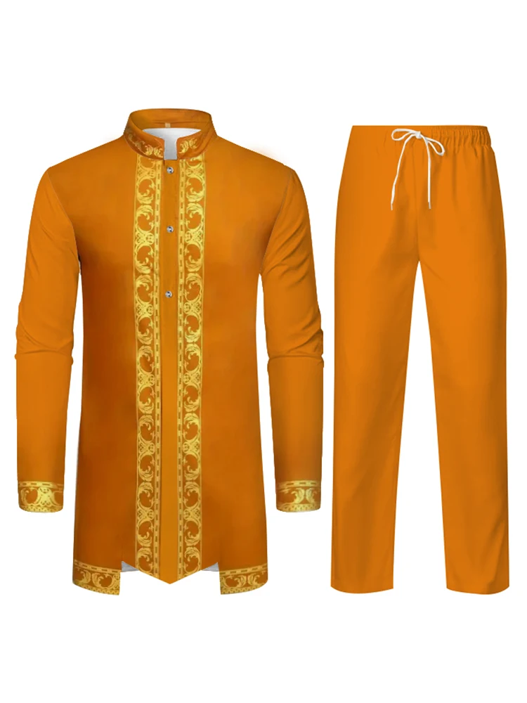 Túnica muçulmana para homens, vestido tradicional de homens árabes, estampado em 3D, preto, branco, amarelo, marinho, azul, calça de manga comprida