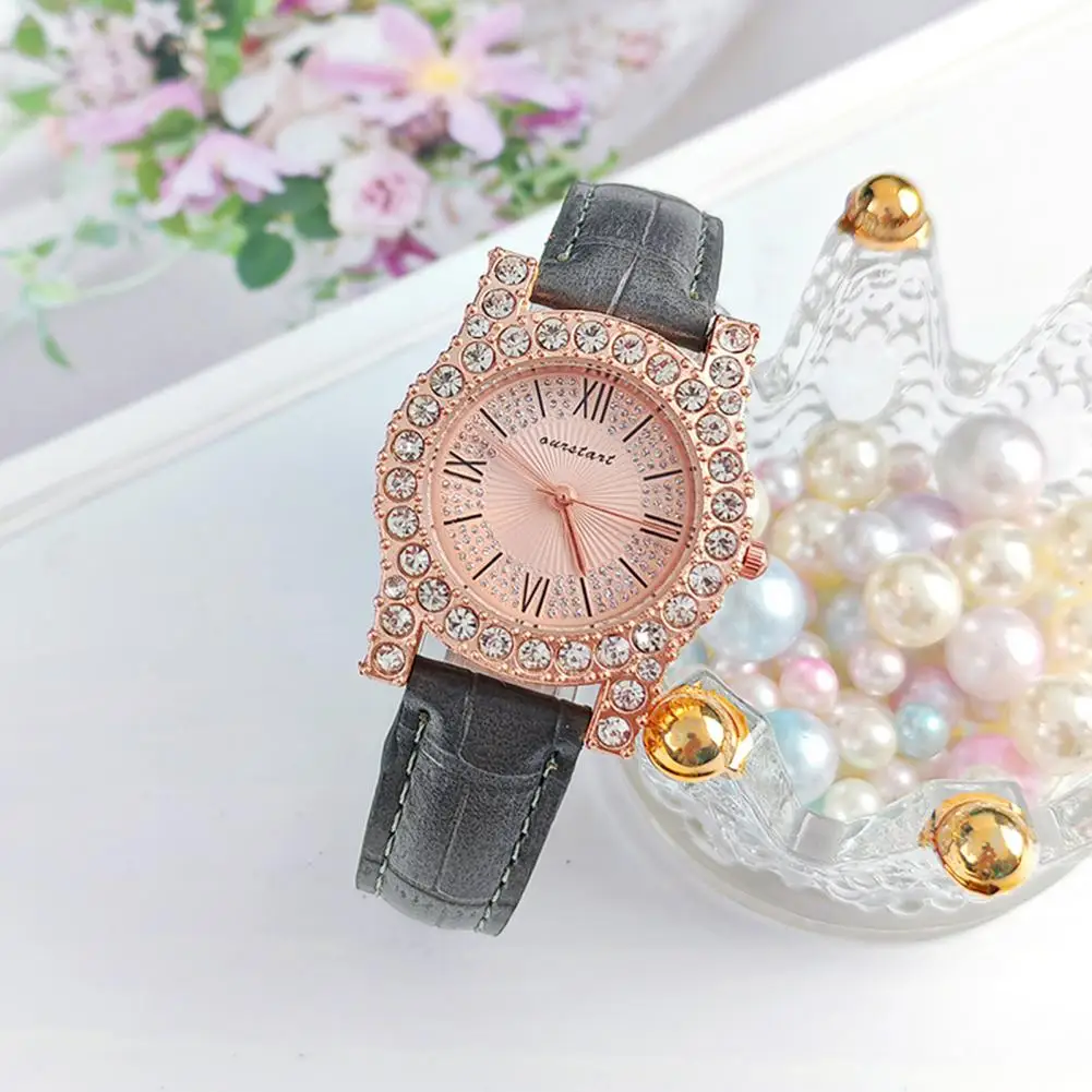 Relógio quartzo feminino elegante com mostrador estilo strass, pulseira de couro falso ajustável para negócios, alta precisão