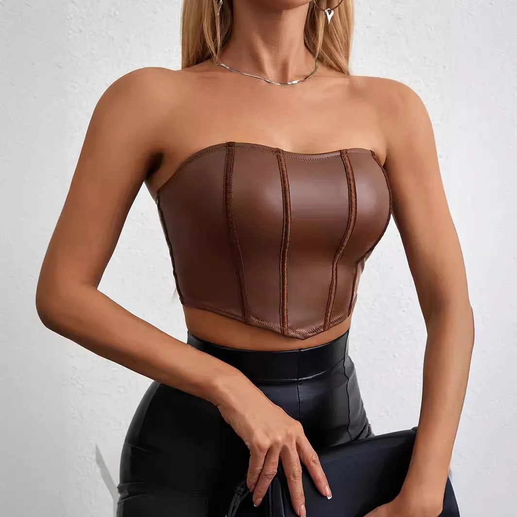 Modieuze Pu Lederen Bustier Met Siliconen Anti-Slip Strapless En Rug Rits Corset Top Crop Top Vrouwen Strapless Top