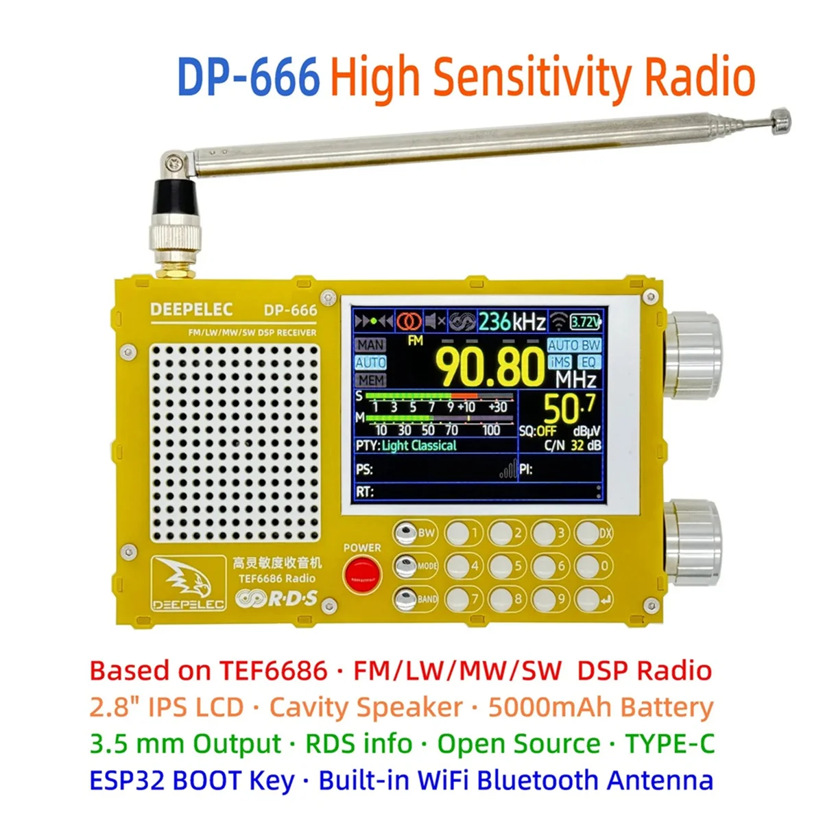 T88C Upgrade DP-666 TEF6686 Radio High Sensitivity Full Band Receiver with Antenna Black