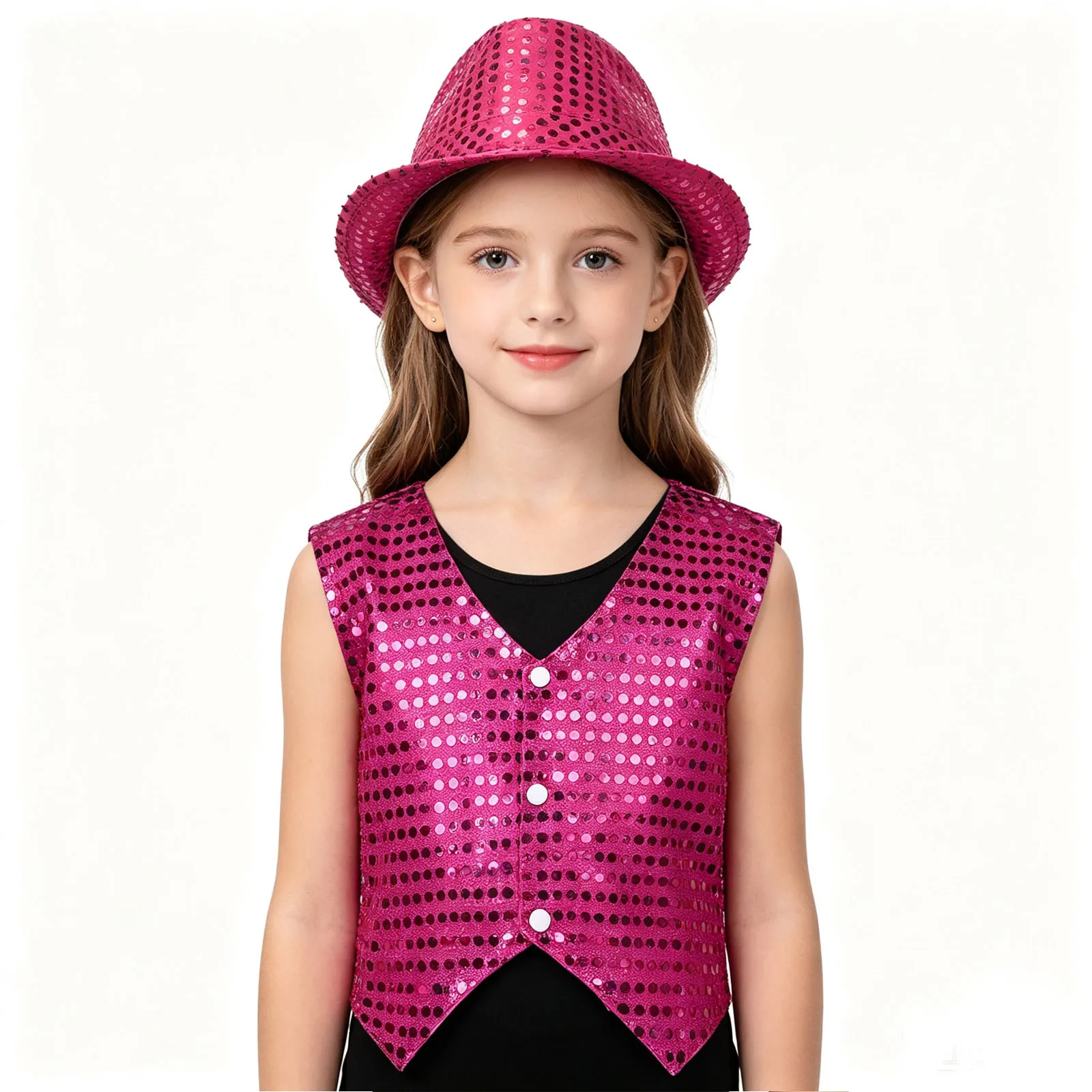 Boys Girls Sequined Jazz Dance Vest With Hat Outfits Sparkly Hip Hop Street Dance Jacket Waistcoat Stage Performance Costume