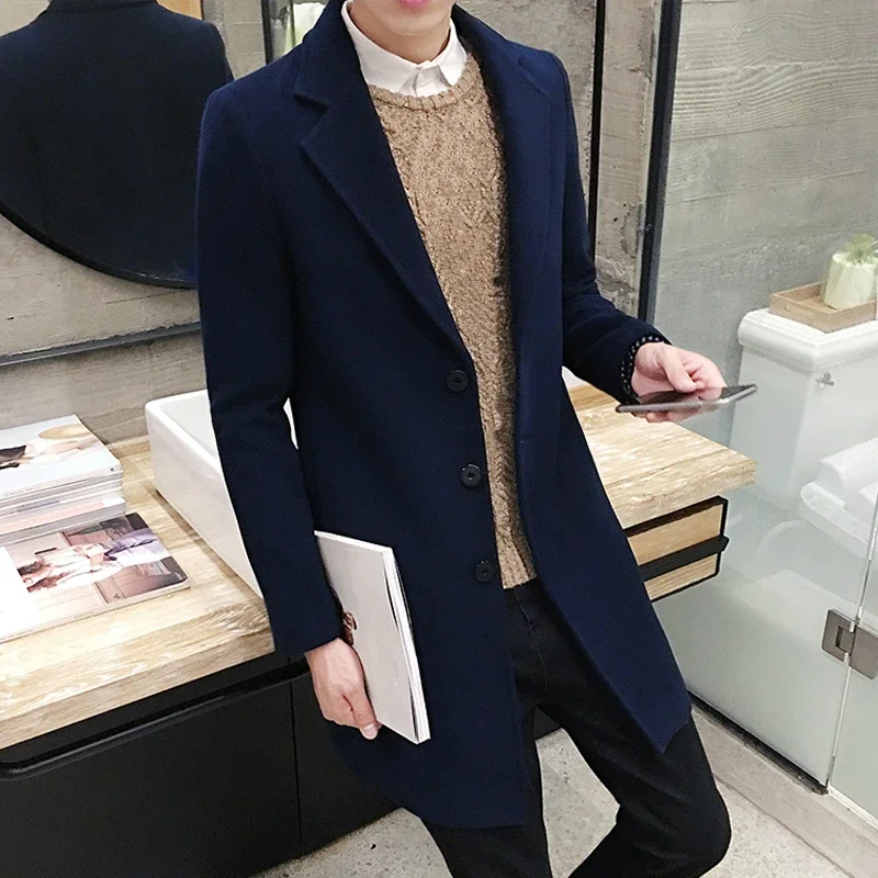 Fashion Men Winter Clothing Long Royal Blue Woolen Coat Slim Fit Wool Overcoat Male Oversized Casual Blend Tweed Jacket Boy Xxxl