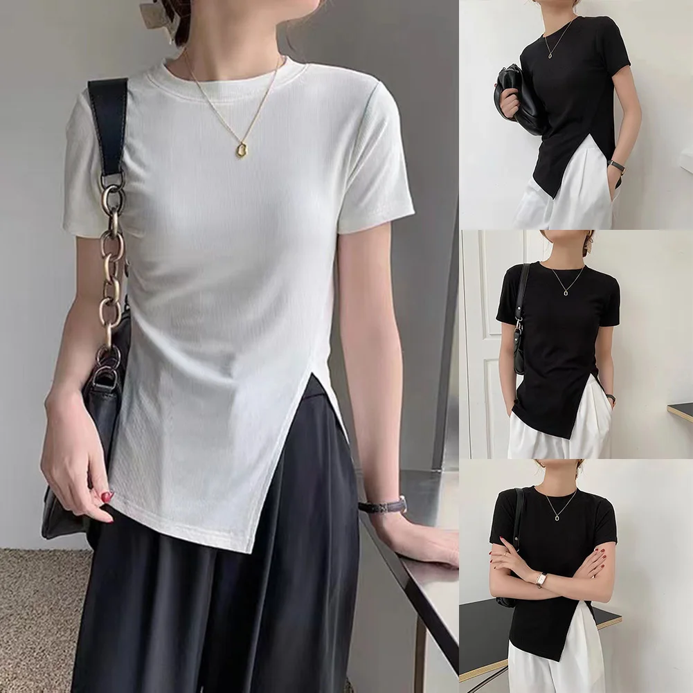 T-shirt da donna a maniche corte estiva casual tinta unita con spacco sull'orlo laterale Tessuto comodo e leggermente elasticizzato