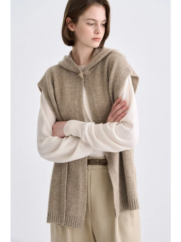 

Ele корейский вязаный жилет для женщин с капюшоном, универсальный, удобный для поездок на работу, свободный крой, застежка на одной пуговице