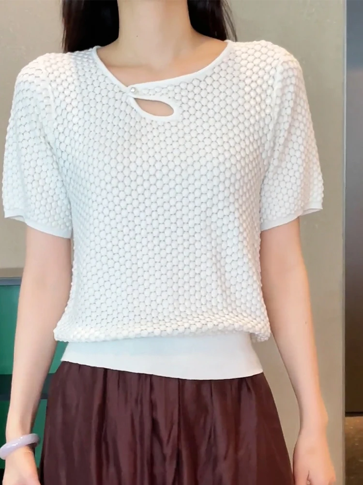 

Новинка лета 2025: Женский вязаный топ оверсайз с круглым вырезом, ажурный, приталенный, в корейском стиле