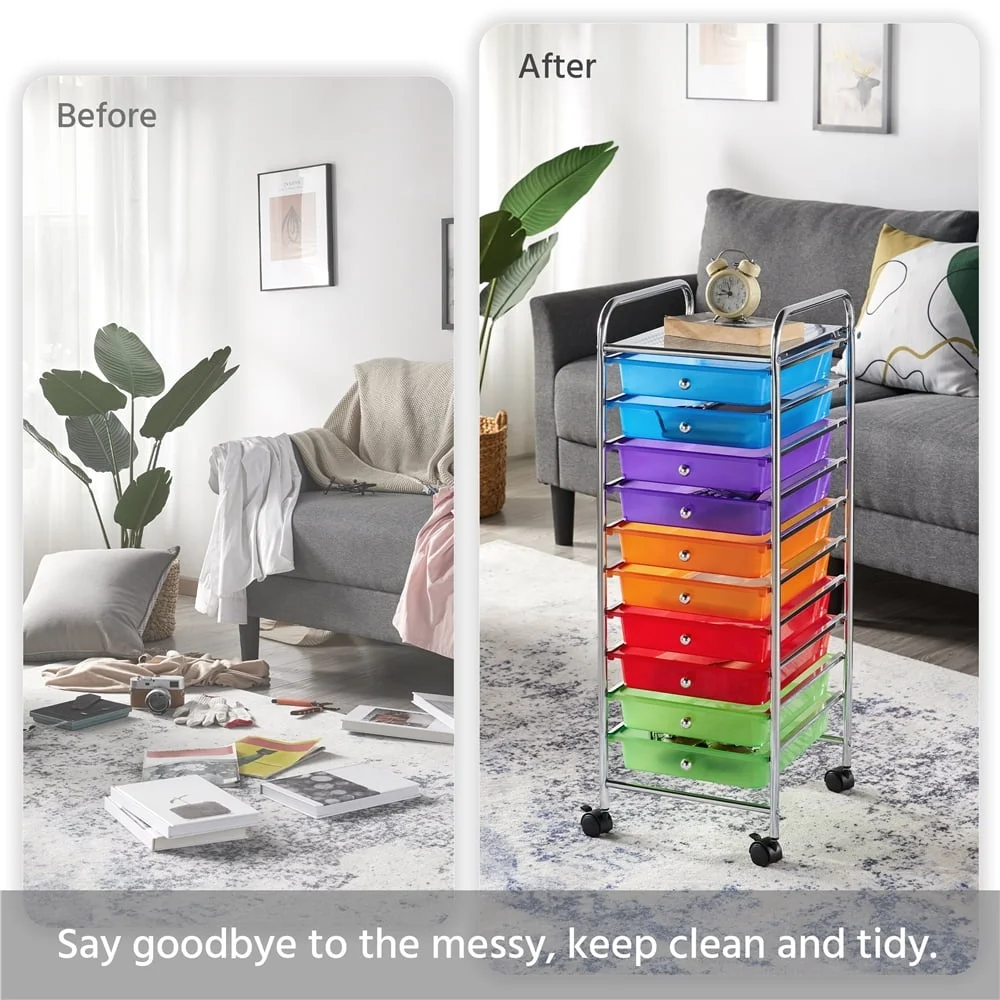 10 Drawer Rolling Storage Cart with Lockable Wheels Multi-Functional Trolley Home Office Organization Indoor Use