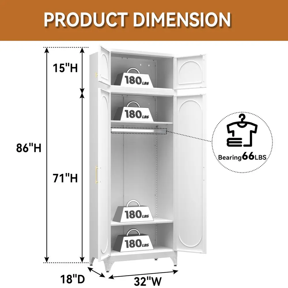 Armoire Wardrobe Closet with Hanging Rod, 86 Inch Tall Metal Wardrobe Cabinet, Metal Armoire with Doors, Large Freestanding War - view 4
