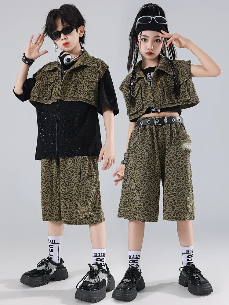 Ropa de Hip Hop Kpop para niños, traje de actuación de baile de Jazz, ropa de concierto de pasarela, chaleco de leopardo, BL13308, 2024