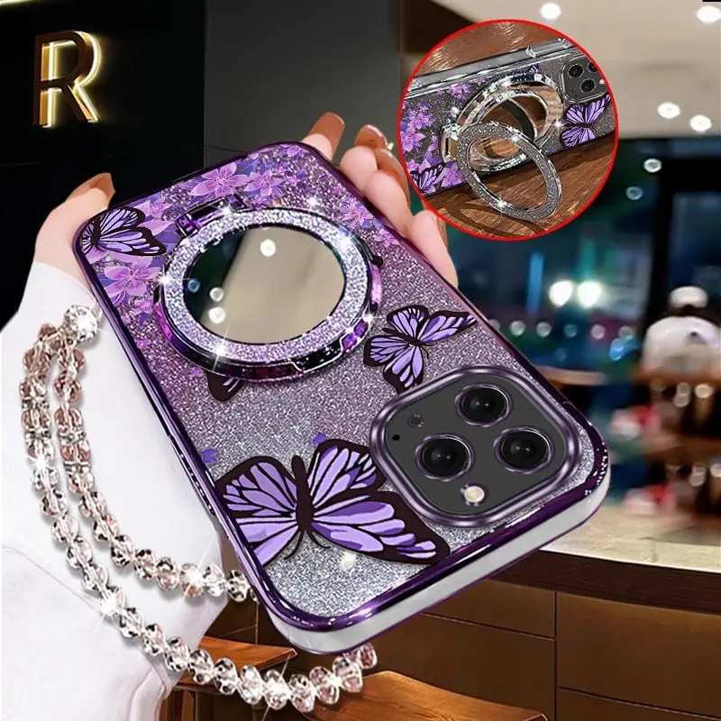 

15 Pro Splendid Butterfly Plating Bracelet Holder Phone Phone Case For iPhone 15Pro 15ProMax X XS XR XSMAX 11 6 7 Plus Cover