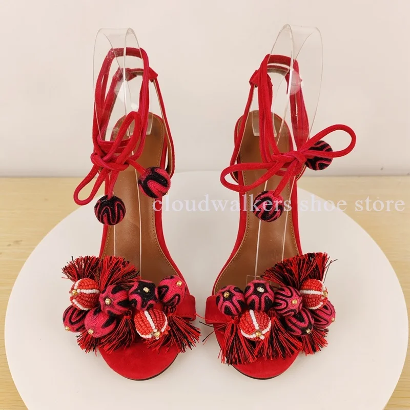 Vintage Ethnic Red Suede Stiletto Sandal Handcraft Bead Pom Pom Tassel Detail Peep Toe Sandals Adjustable Ankle Banquet Vacation - view 4