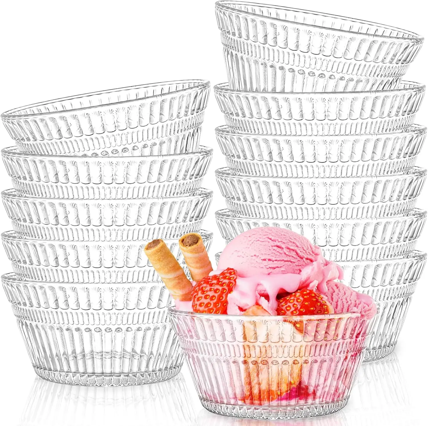 

12-Pack Small Glass Bowls, 12 Oz Fluted Dessert Bowls for Kitchen, Stackable Snack Serving Dishes