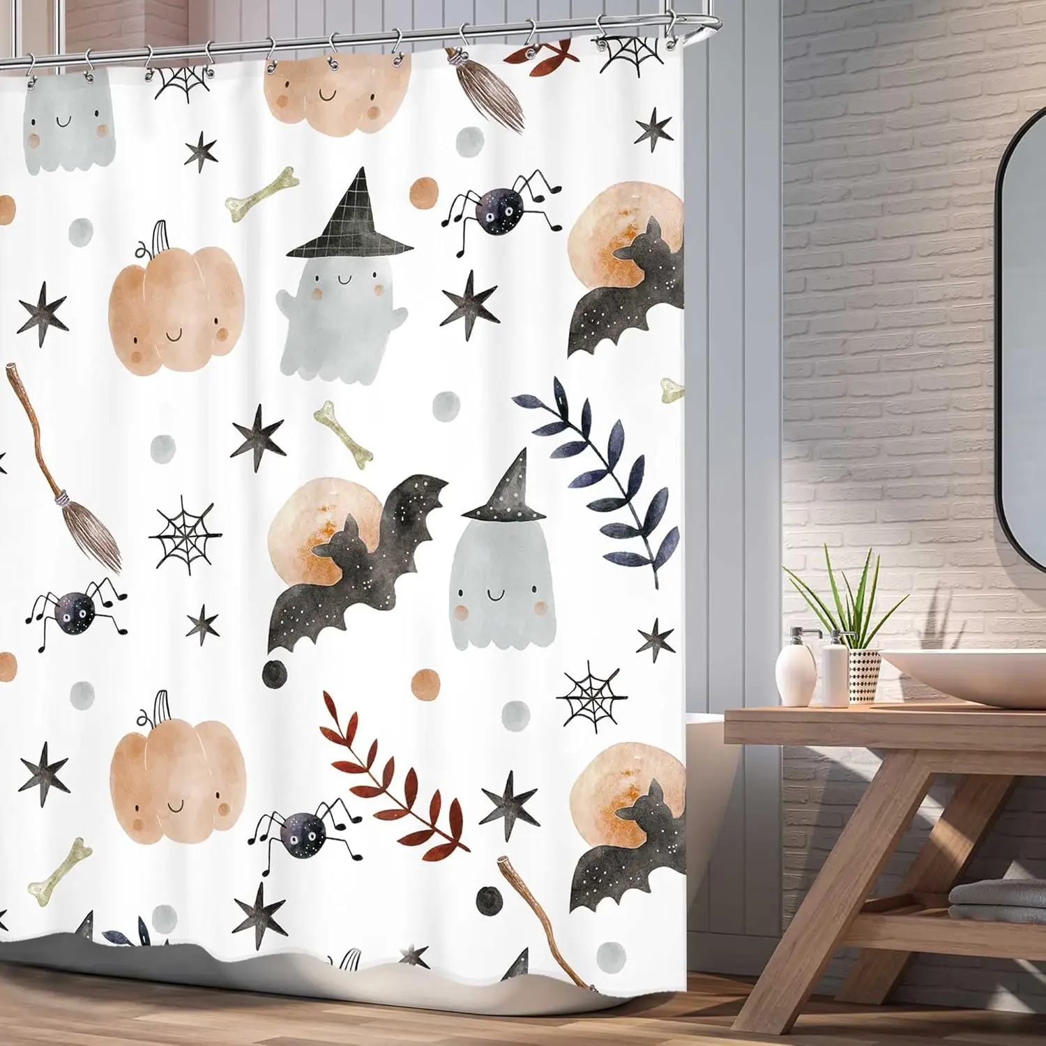 Cute Halloween Shower Curtain with Pumpkin Ghost Bat Spider for Kids Bathroom Decor