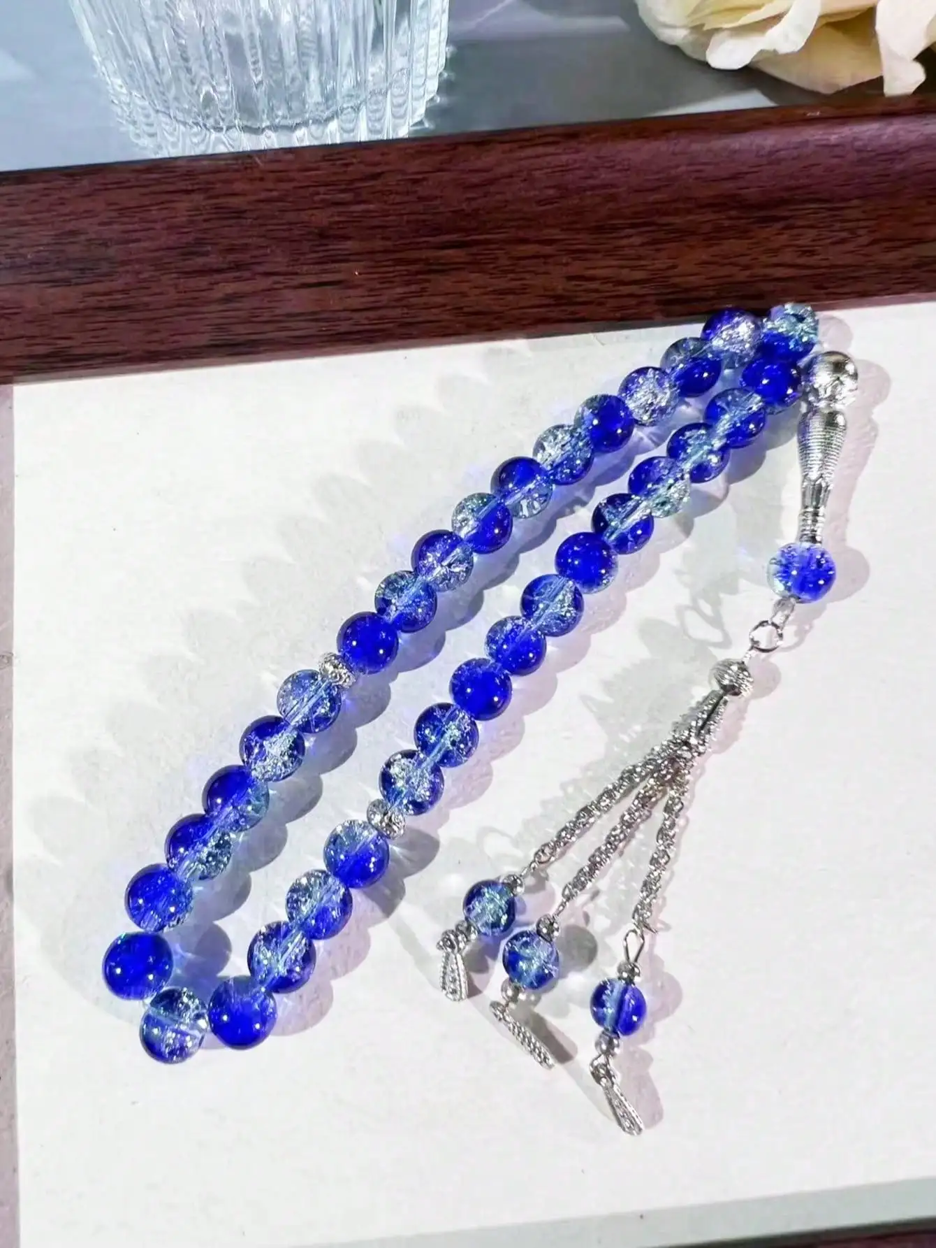 10mm 33Pcs Cracked Glass Muslim Prayer Beads Tasbih, Handmade Islamic Misbaha Rosary Bracelet with Exquisite Texture, Portable R view 5