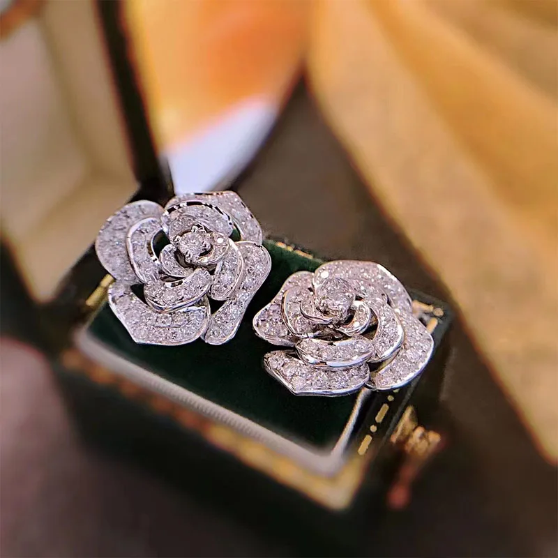 2023 New Luxury High Class Celebrity Style aaa Cubic Zirconia Camellia Earrings Tea Party Birthday Party Jewelry Accessories