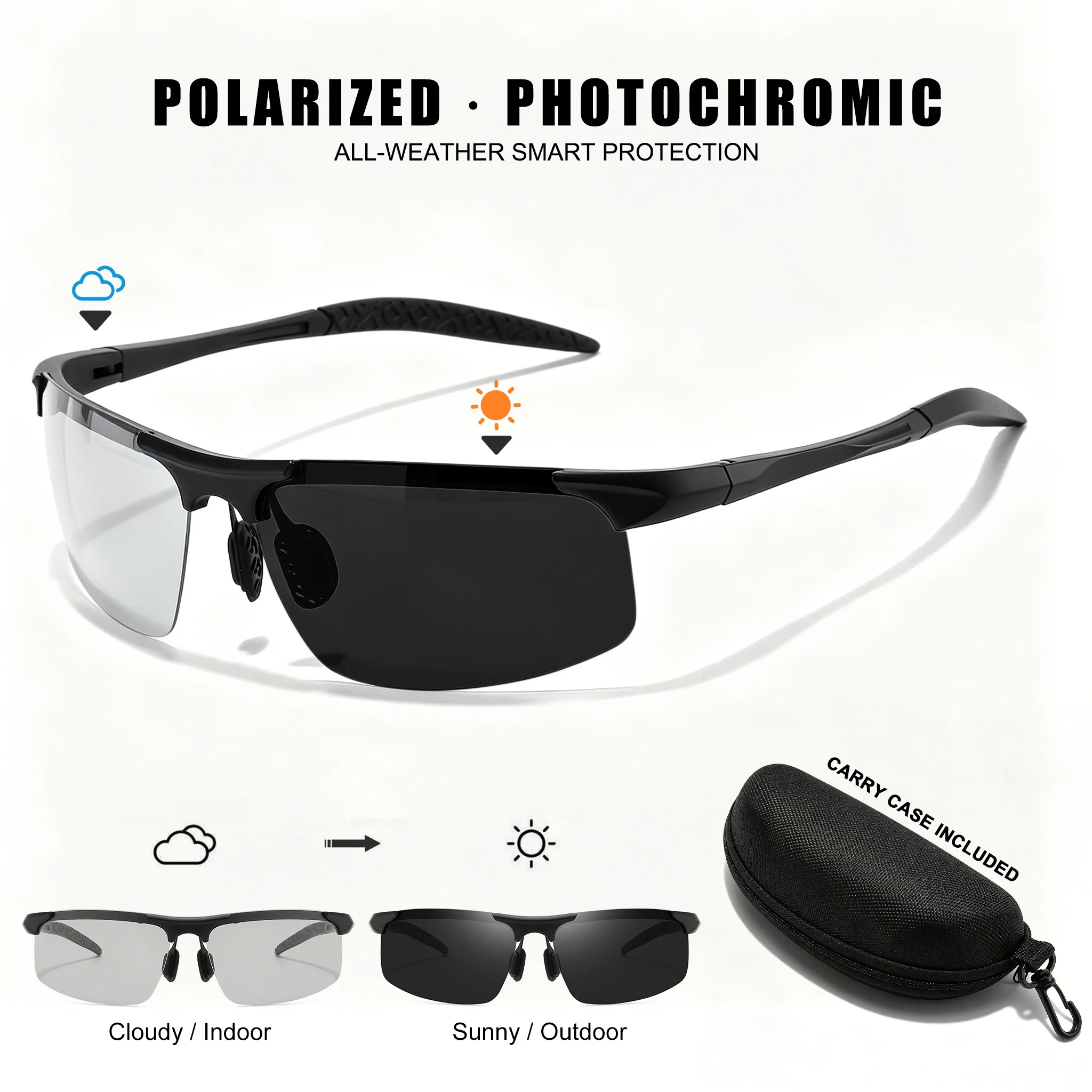 Halbrahmen Leichte Photochrome Polarisierte Sonnenbrille mit Federscharnieren, Verstellbaren Nasenpolstern, UV400-Schutz und Blendschutz für Autofahren und Angeln