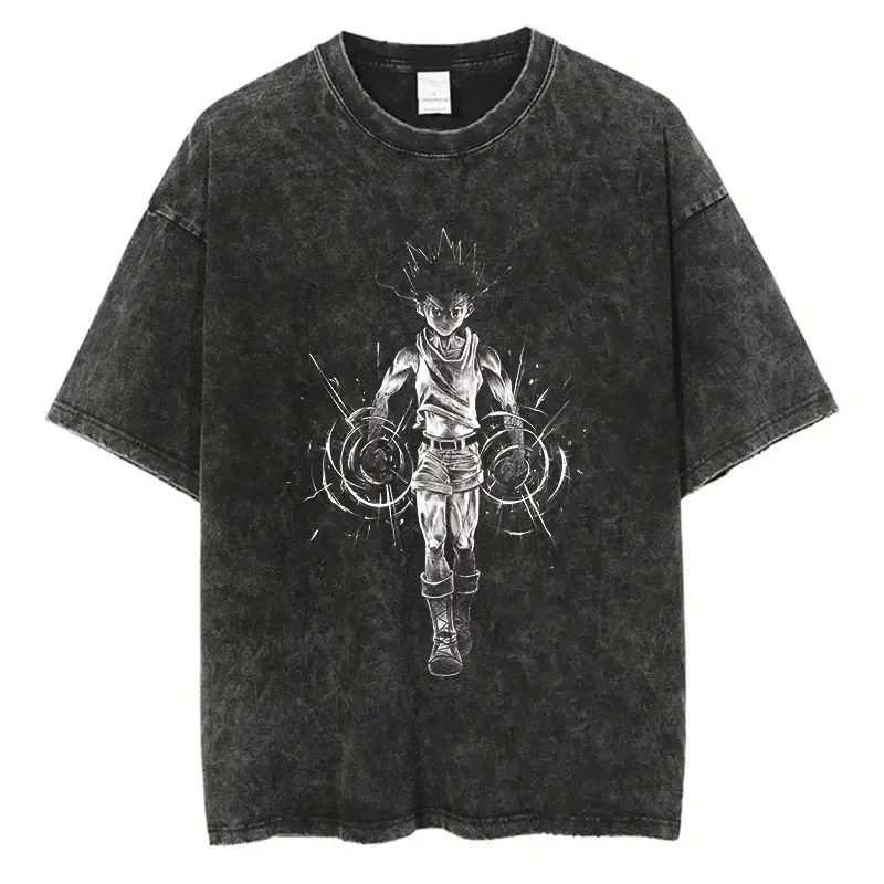 

Hip Hop Retro Washed T-Shirt Streetwear Anime Hunter X Hunter Print Graphic T Shirt 100% Cotton Unisex Tshirt Men Tops Tees Y2K