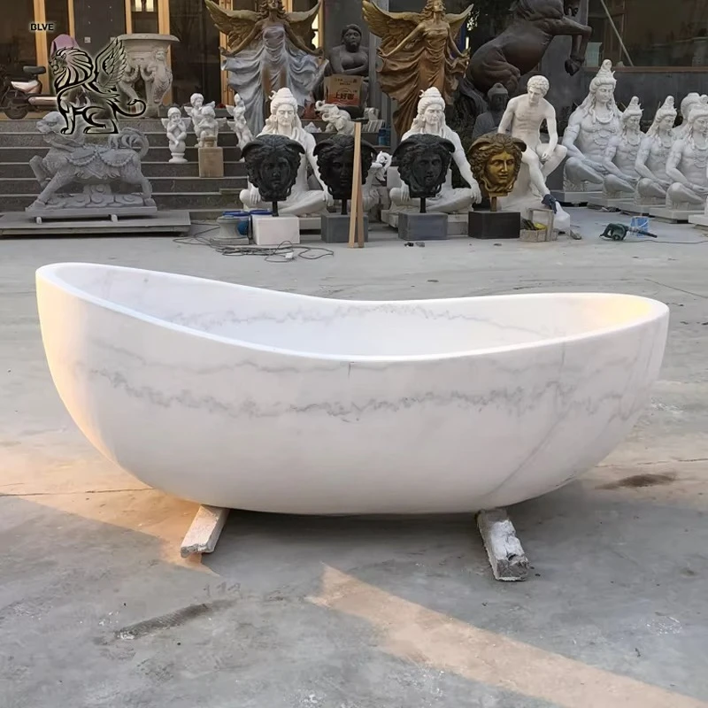 Large European outdoor round stone freestanding soaking bathtub white marble bathroom bathtub