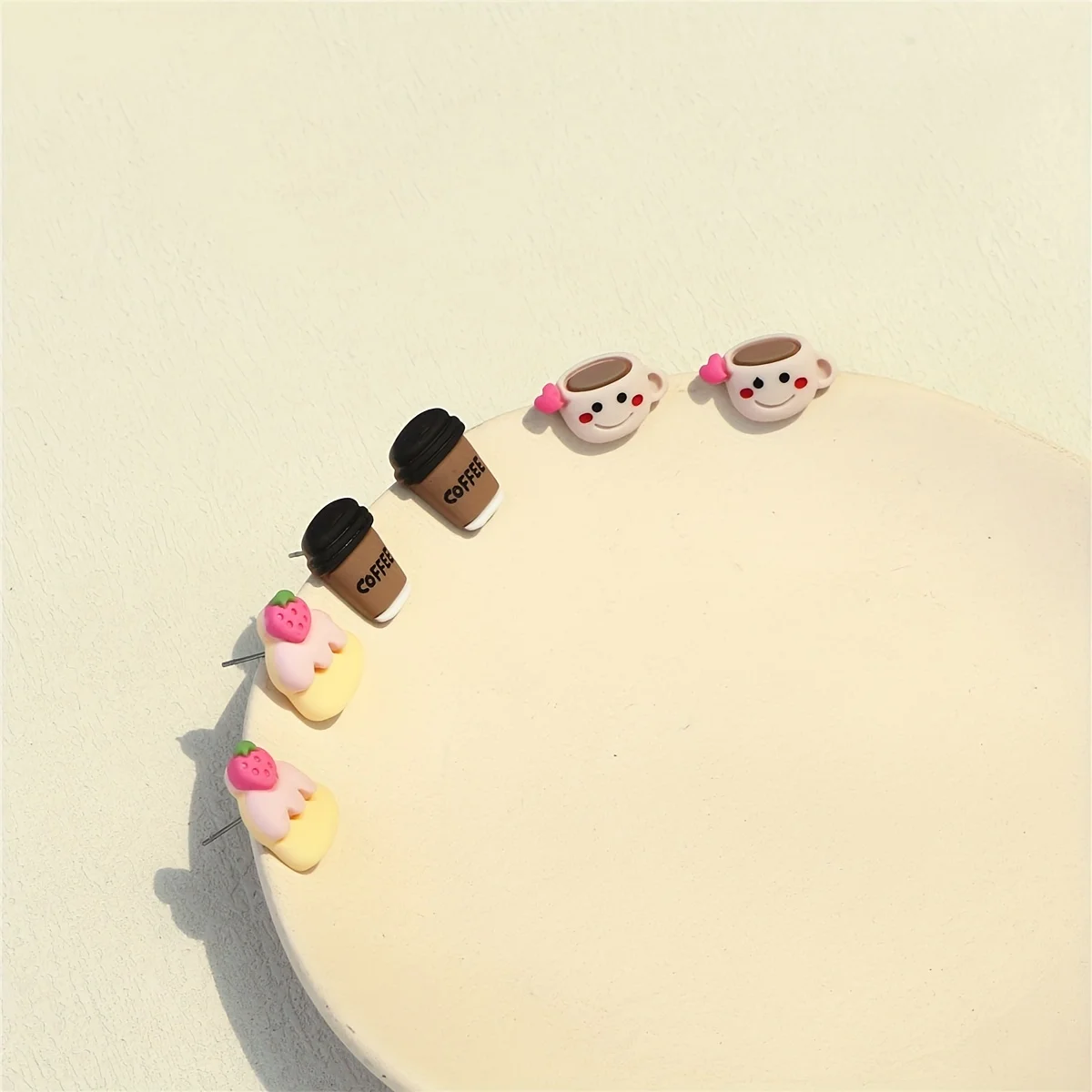 3Pairs/Set Cute Polyresin Cartoon Strawberry Cake & Coffee Cup Stud Earrings for Women for Daily Decoration