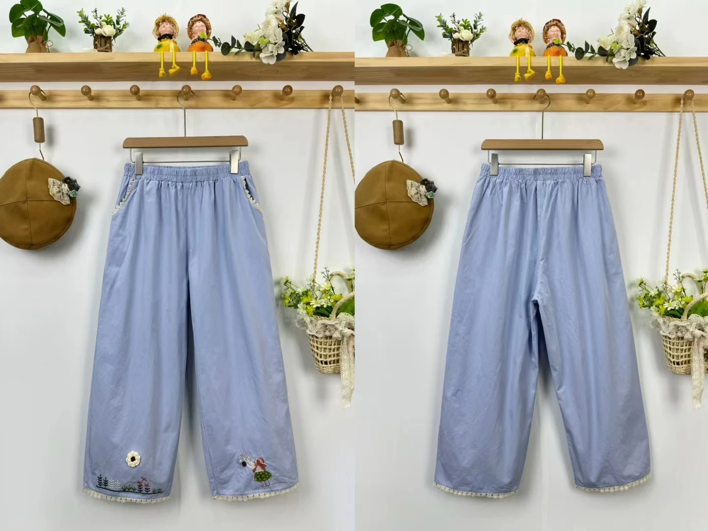 Retro haftowane spodnie typu harlan z koronkowym wykończeniem, luźne, z elastyczną talią, proste, długość 7/8, bawełniane, słodkie, idealne na wiosnę.