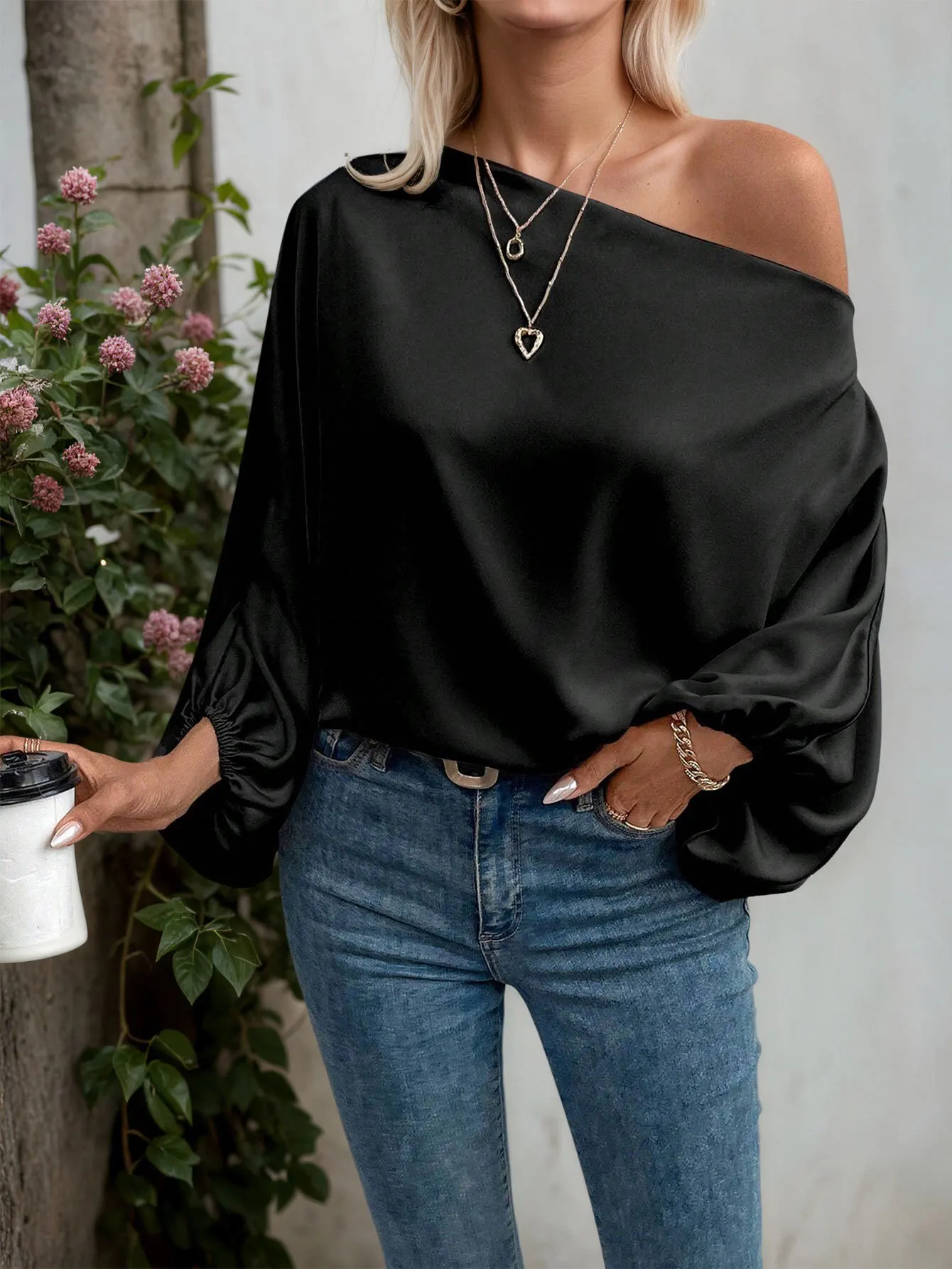 2026 Spring Women Casual Tops Asymmetric One Shoulder Flare Long Sleeve Solid Loose Pullover Tops