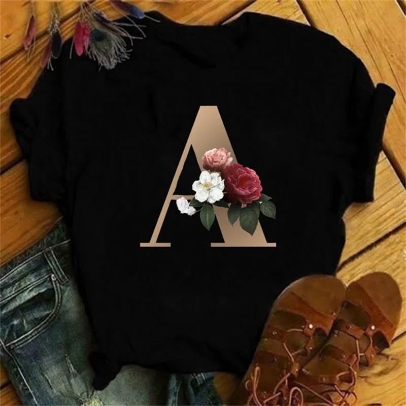 Maycaur New Custom Name Letter Combination Women T-shirt Flower Letter Font A B C D E F G Short Sleeve Clothes Woman Tees Tops