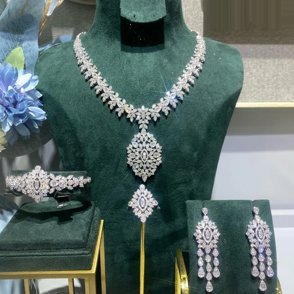 021403 Bridal Necklace Sets for Women Luxury Cubic Zirconia 4Pcs Jewellery Set Dubai Saudi Party Engagement Accessory