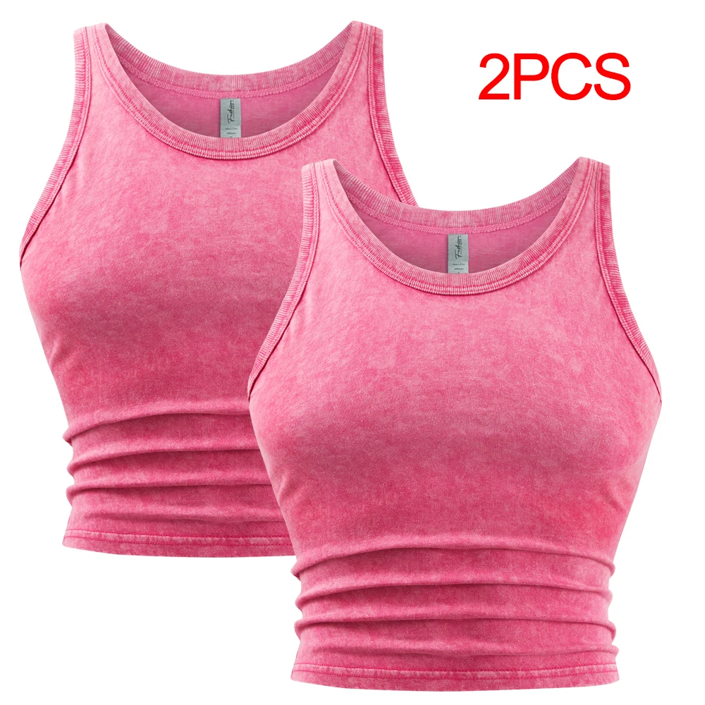 

2PCS Solid Color Washed Vest Womens Summer 100% Cotton Tank Top Y2K All-Match Clothes Multicolor Comfortable Woman Sportswear