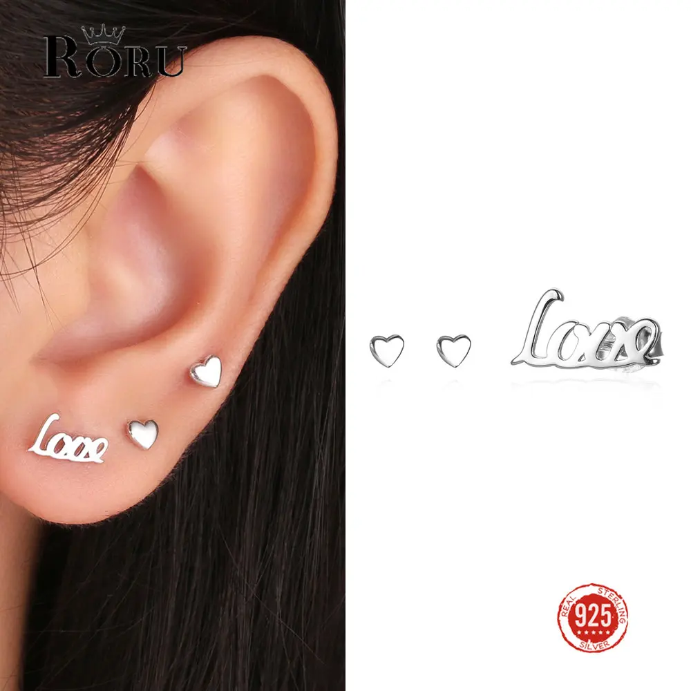 3pcs/set 925 Sterling Silver Piercing Cute Love Letter Earrings Asymmetry Stud Earrings for Women Couple Fine Jewelry Gifts