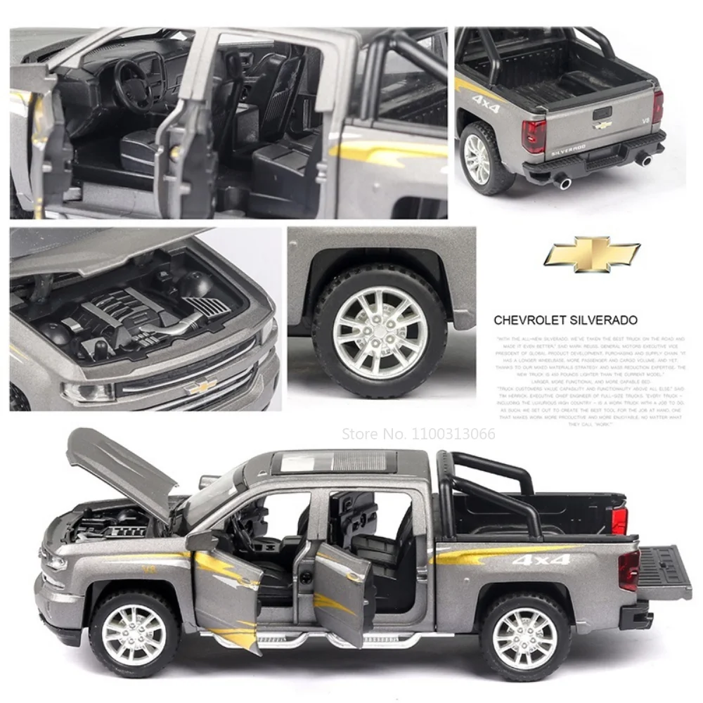 1/32 Silverado Pickup Car Model Alloy Diecast Metal Toys Simulation 6 Doors Can Be Opened Sound Light Pull Back Collection Gift