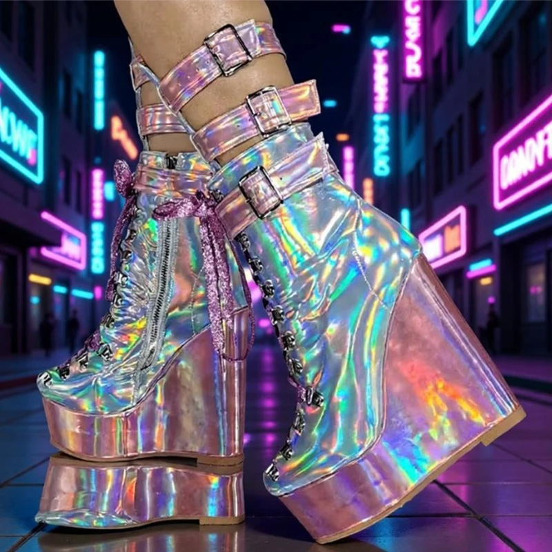 

Fluorescent Wedge Ankle Boots Buckle Belt Laser Iridescent Strap Round Toe Lace Up Female Platform Wedge Bootie