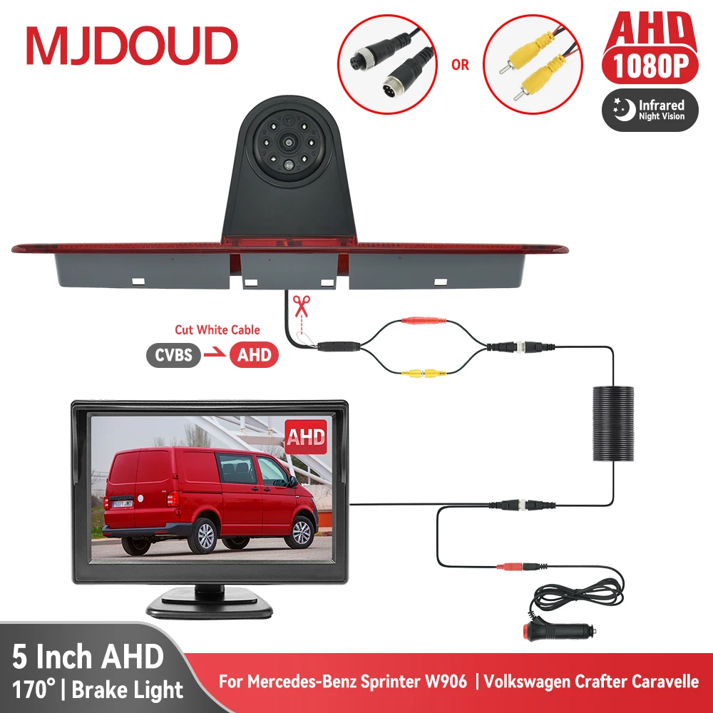 MJDOUD AHD 1080P Brake Light Rear View Camera 5“ Monitor for Mercedes-benz Sprinter W906 | Volkswagen Crafter Caravelle T5/T6