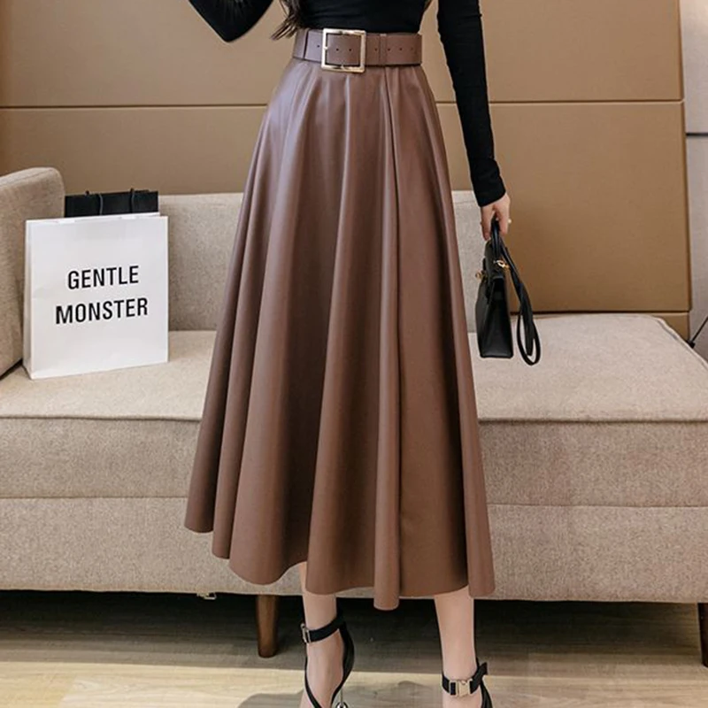 Autumn and Winter New High Waist  Korean Military Green PU Leather Skirt Leather Half body Skirt Medium length Umbrella Skirt