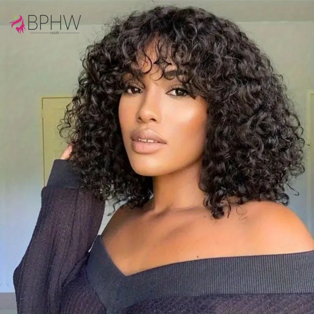 

12A Short Water Wave Bob Human Hair Wig With Bangs Water Wave Full Machine Natural Black Cheap Wigs For Black Women BPHW