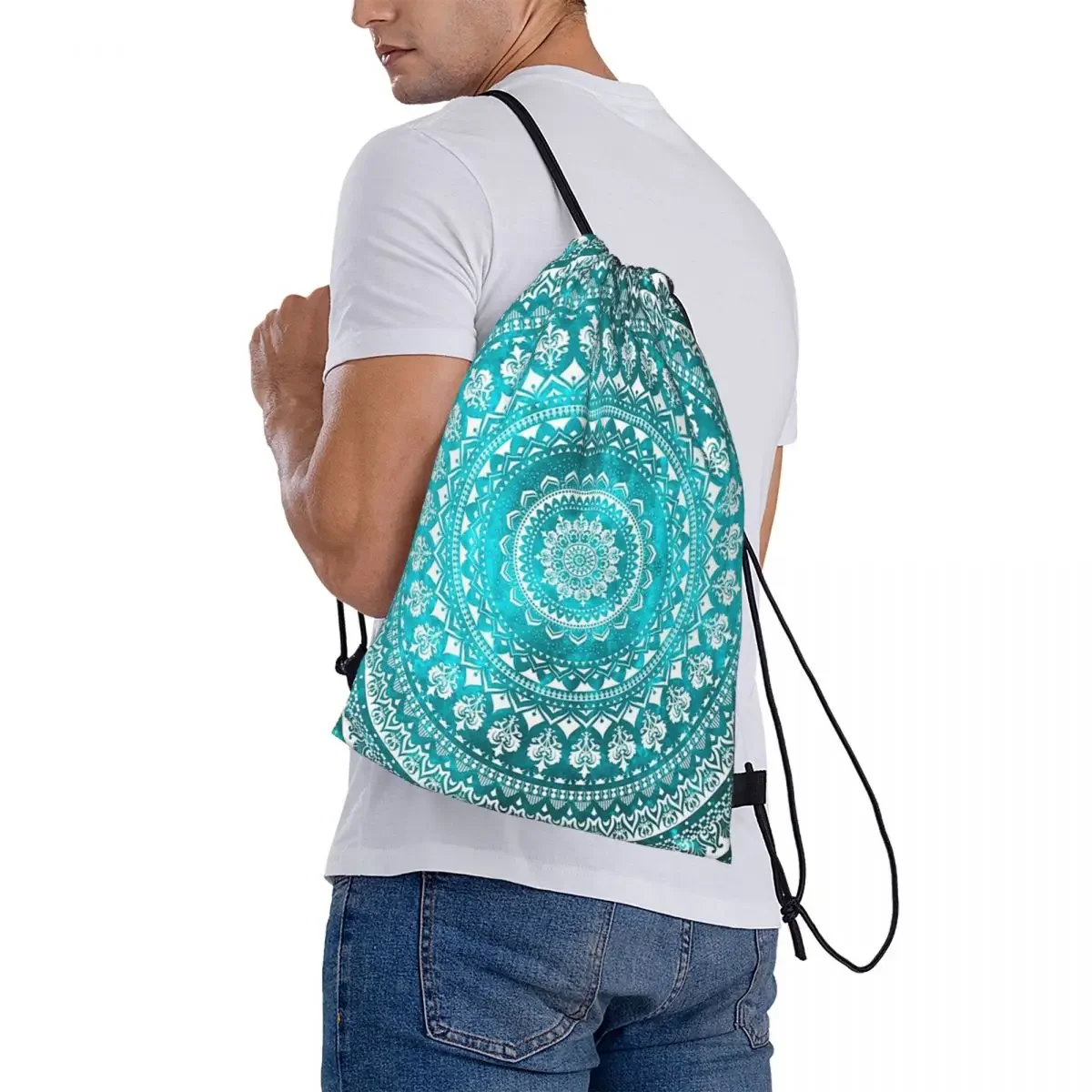 Mochilas de Mandala turquesa, bolsas con cordón portátiles, bolso deportivo de bolsillo, bolsa de libros para la escuela de viaje, moda