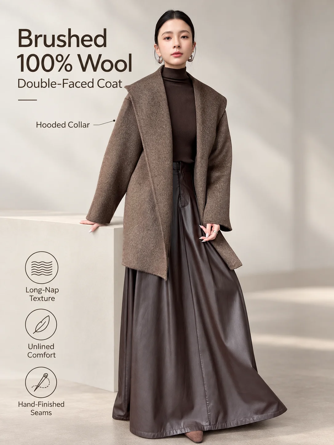 Brushed 100% Wool Coat Women Hooded Belted Wrap Coat Long-Pile Double-Faced Texture Unlined Relaxed Fit Short Coats Fall Winter