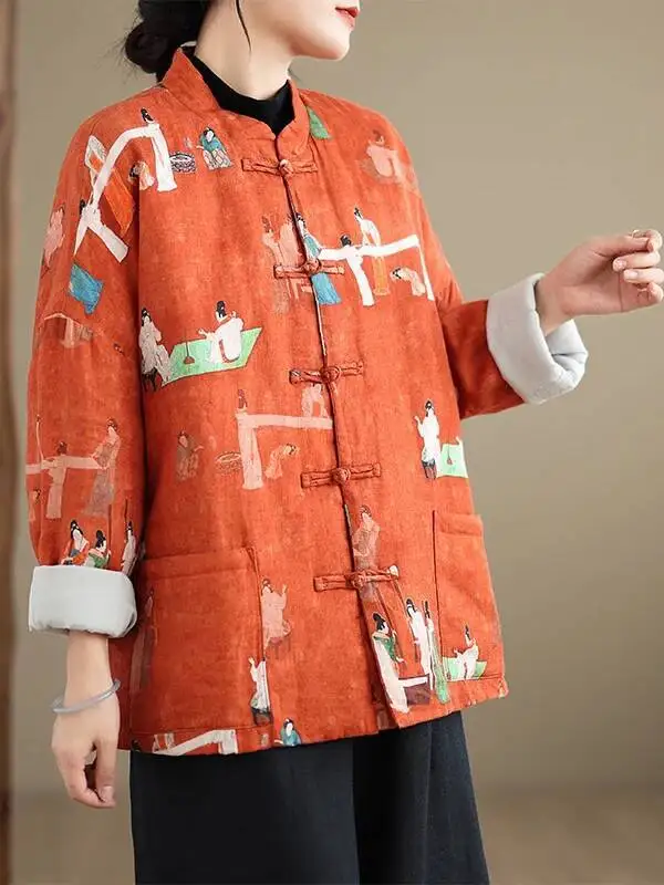 الصينية الوقوف طوق مطبوعة القطن Jaet مزدوجة الصدر زر احتفالي السنة الجديدة الأكل الملابس معطف المرأة