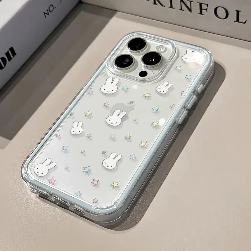 Luxuriöse, durchsichtige 2-in-1 Handyhülle mit niedlichem, farbenfrohem Stern-Miffy-Cartoon-Motiv für iPhone 12 13 14 15 16 17 Pro Max Plus ﻿ ﻿ ﻿