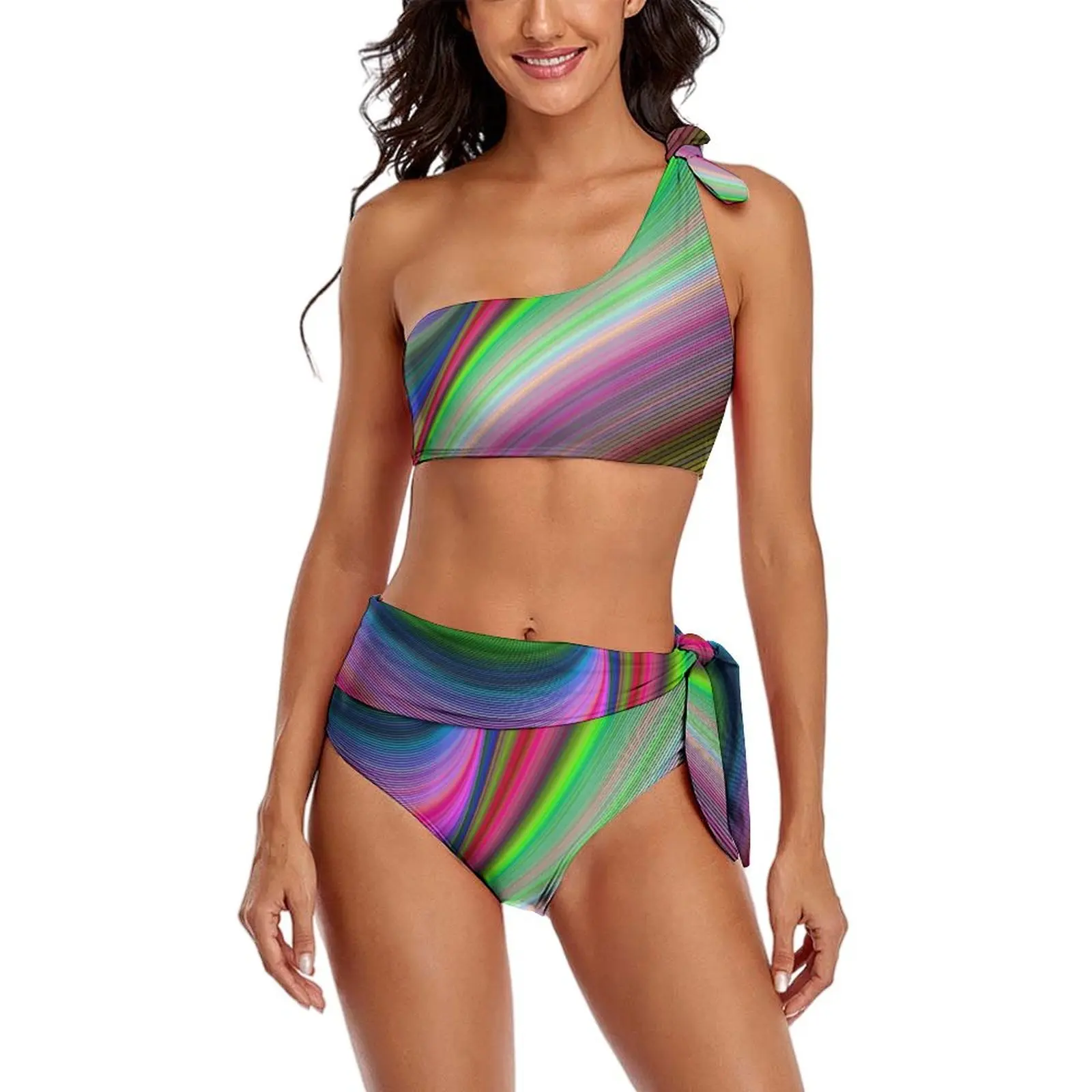 Rainbow Striped Bikini Swimsuit Abstract Art One Shoulder Swimwear Sexy Bikini Set Ladies Push Up Bathing Suit Birthday Gift