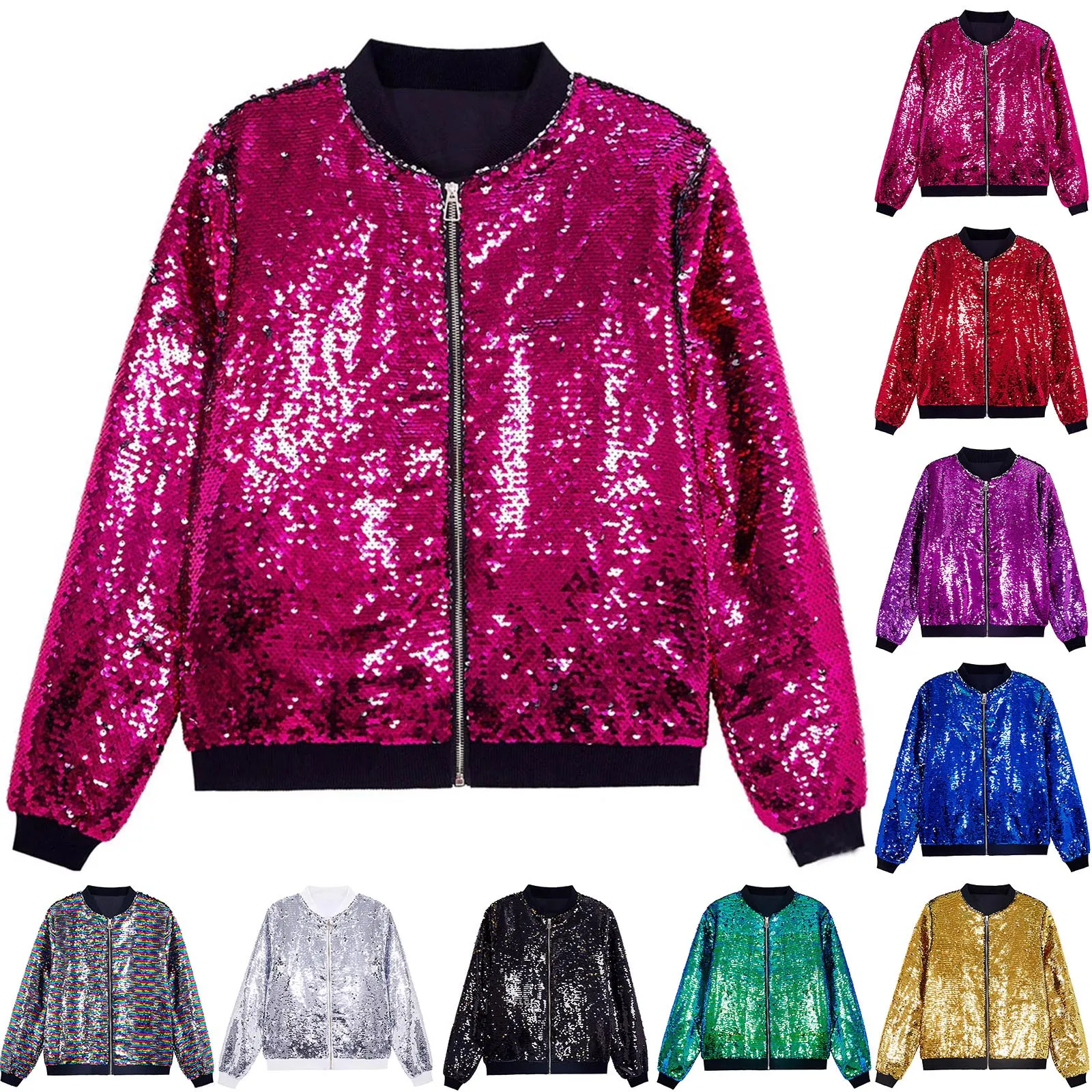 Men‘s Sequin Jacket For Men's Zip Up Long Sleeves Party Disco Sparkly Jacket Hip Hop Sportswear Outdoor