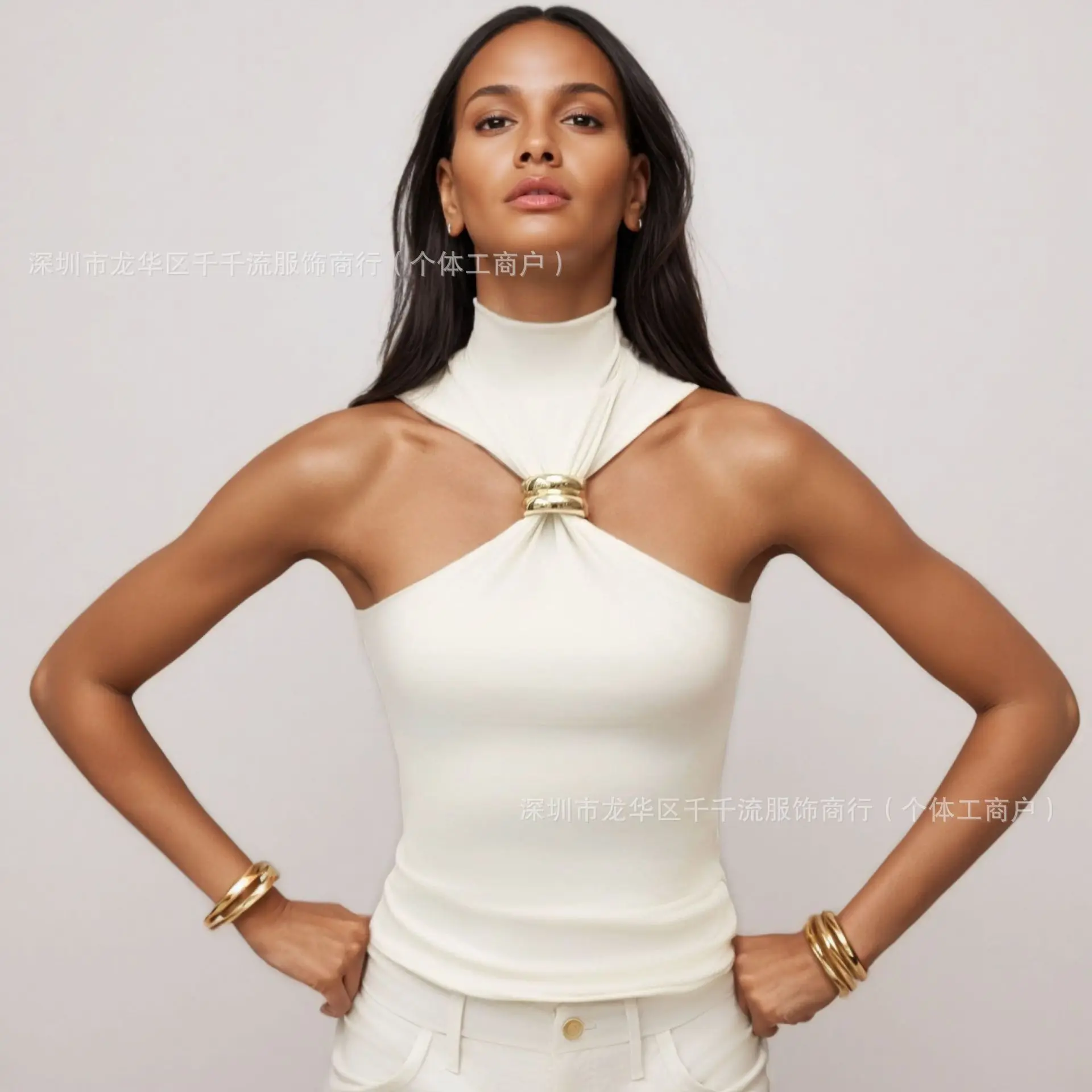 Women's Gold Ring Sleeveless Off-Shoulder Elastic Top T-Shirt Kadınlar Için Sexi Giysiler Camiseta Mujer Manga Corta Футболки