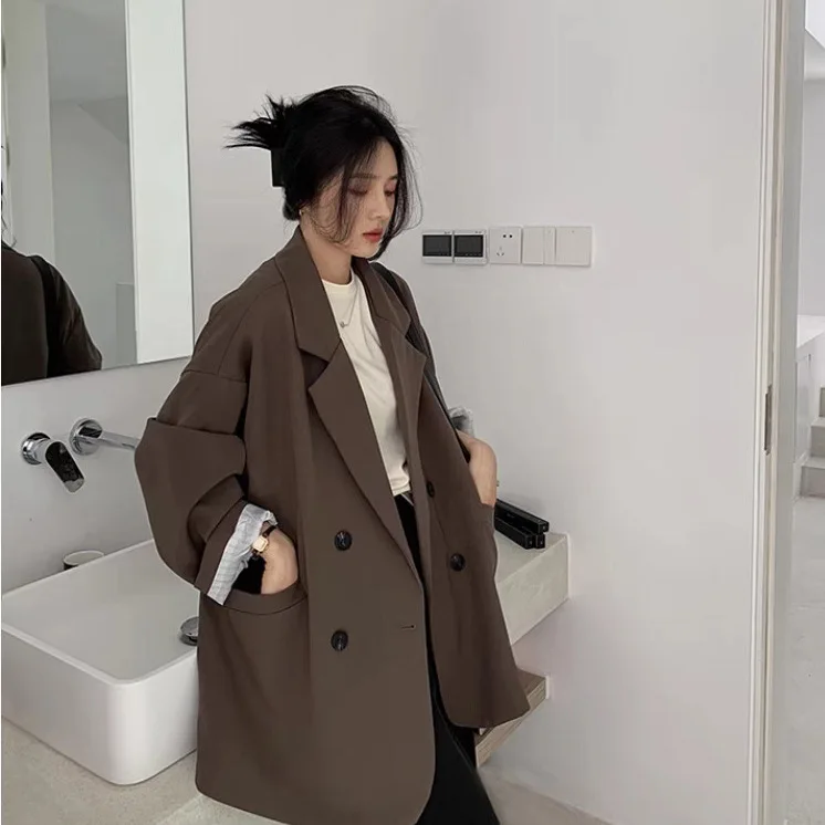 

Casual Women's Suit Jacket 2024 Spring Autumn Korean Design Elegant Lazy Style Versatile Polyester Fabric Folded