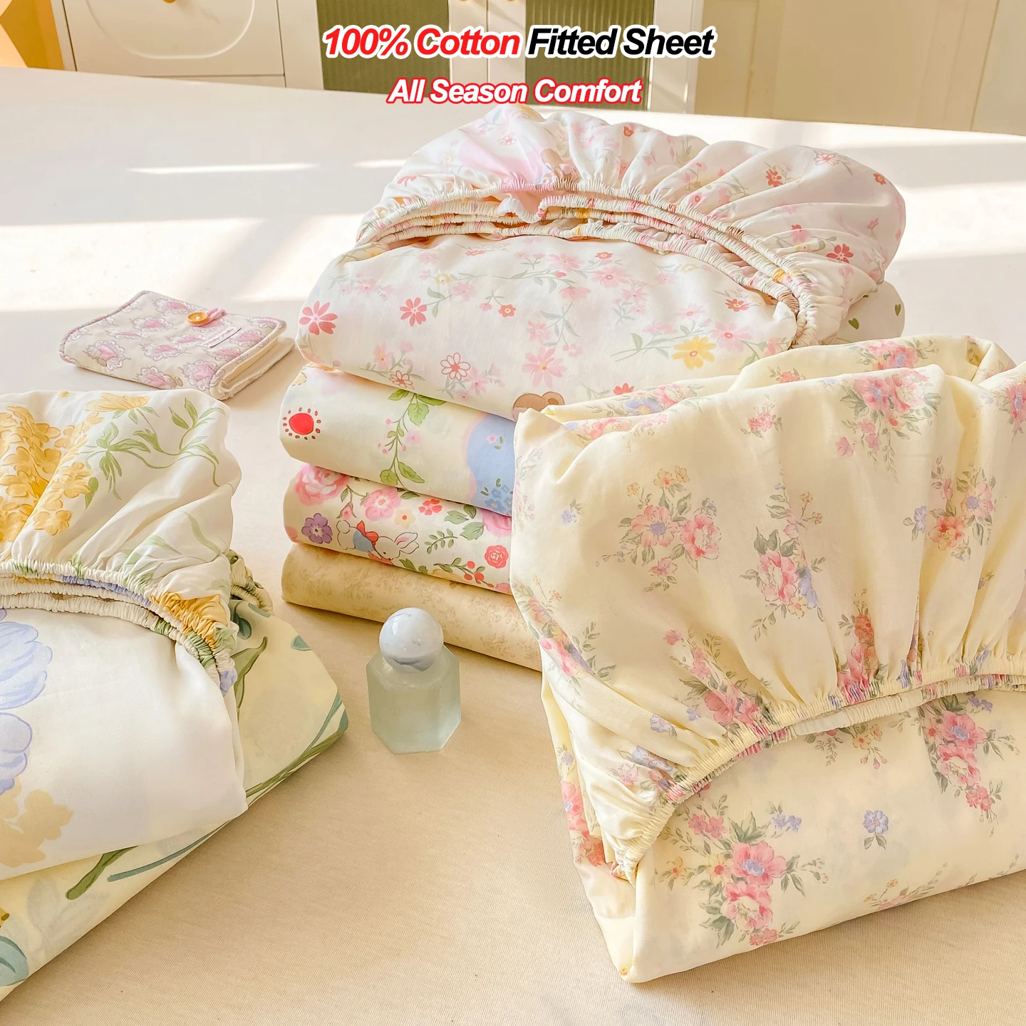 All Season Comfort 100% Cotton Fitted Sheet Soft Breathable Mattress Cover, 25cm Deep Pocket Wrinkle Resistant Elasticated Sheet