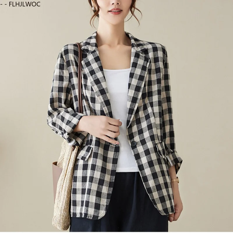 3 Colors Retro Cotton Linen Plaid Outerwear Coat Women Loose Comfortable Relaxed Fit Casual One-Button Notched Blazer Coats