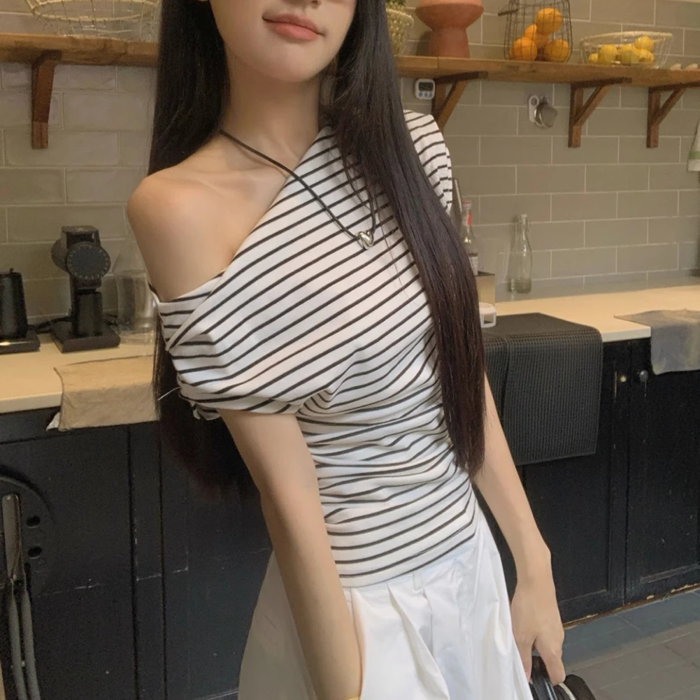 

Модная клубная одежда, футболка для горячих девушек, модная футболка с открытыми плечами, полосатая футболка с короткими рукавами, футболка с открытыми плечами для горячих девушек, женский комплект
